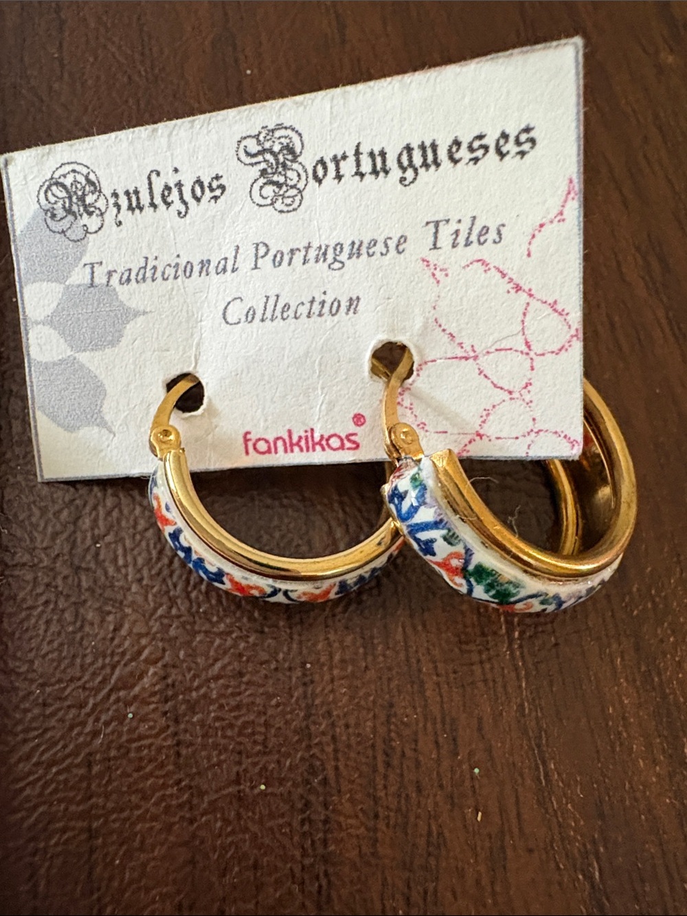 Gold Hoop Earrings with Multicolor Enamel - Portuguese Tile Motif